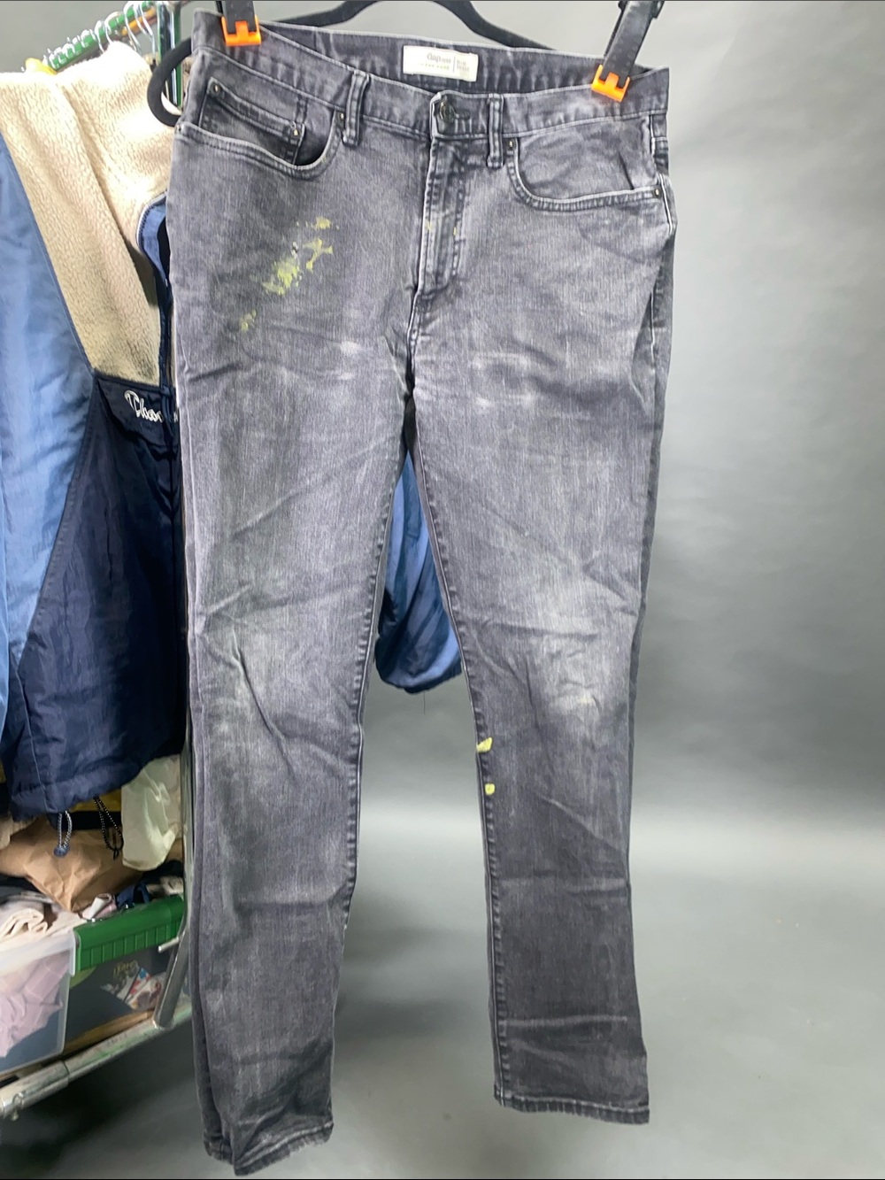 GAP Slim Gray Jeans with Yellow Paint Detail
